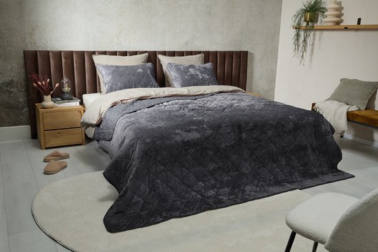 Couvre-lit de Luxe SleepMed en velours 240x240cm - 2 taies d'oreiller incluses - Polyester - Grijs