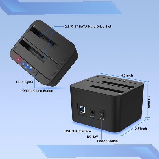 FIDECO Harde Schijf Docking Station USB 3.0 - Voor 2.5 En 3.5 Inch SATA HDD SSD Met Offline Kloon En Kaartlezer