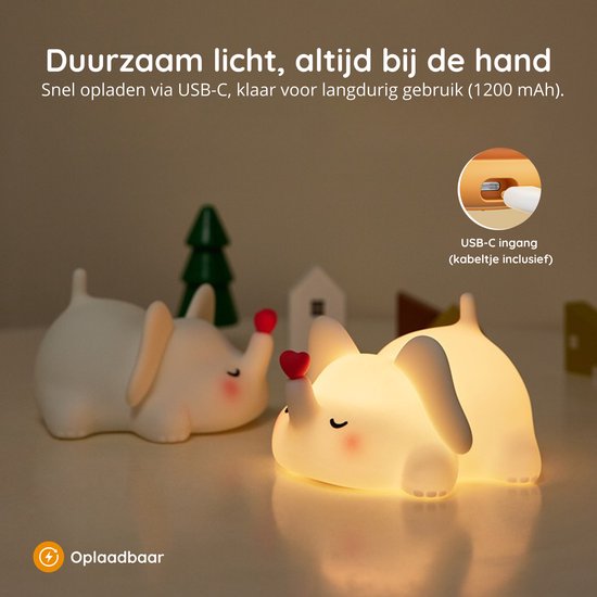 Nachtlampje voor Kinderen - Olifant - 100% BPA vrij - Oplaadbaar - Timer - Dimbaar - Nachtlampje Baby - USB - LED - Zacht Siliconen - Babykamer verlichting - Veilig voor kinderen - Cadeau - Kinder Nachtlampje - Slaaptrainer | van Little Stars — afbeelding 3
