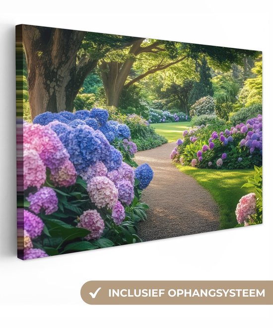 Canvas schilderij 90x60 cm - Exclusieve wanddecoratie Hortensia- Park - Pad - Muurdecoratie woonkamer - Slaapkamer decoratie - Kamer accessoires - Schilderijen op canvas