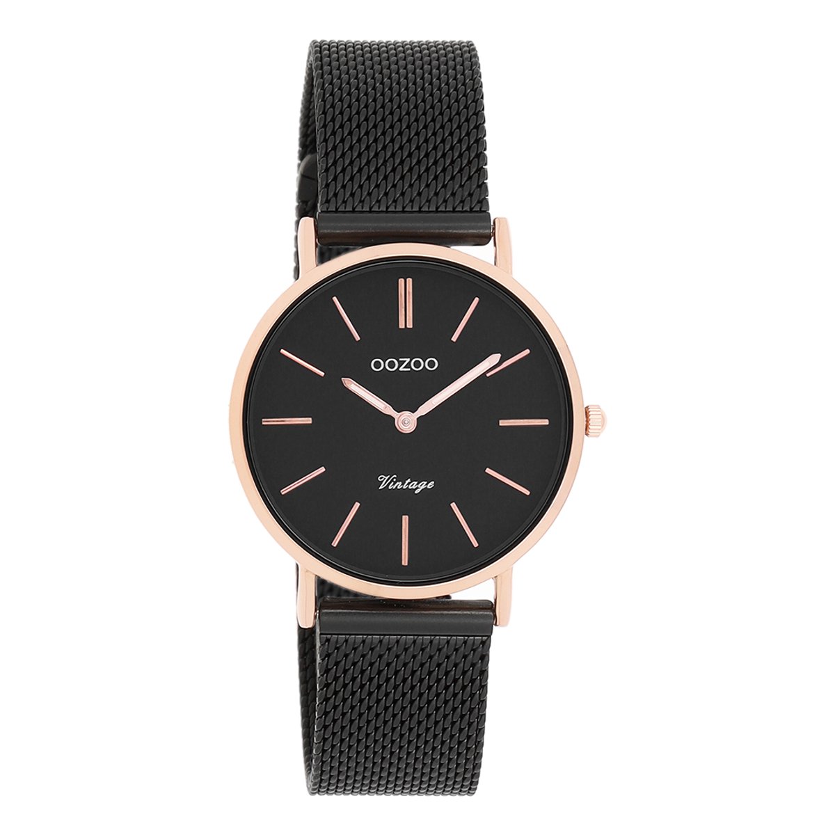 OOZOO Timepieces - Rosé goudkleurige horloge met zwarte metalen mesh armband - C8871