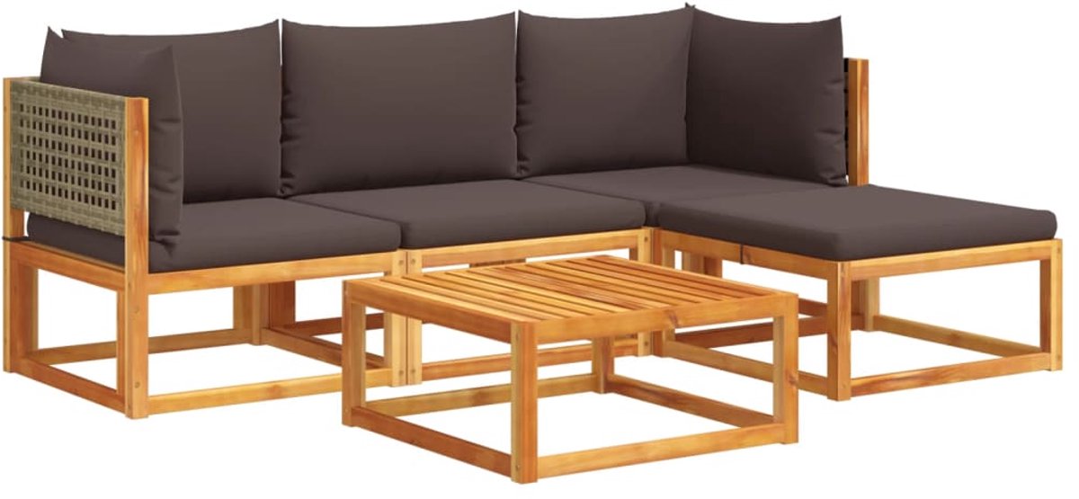 The Living Store 5-delige Loungeset met kussens massief acaciahout - Hoeken Bank - Lounge Set - Tuinset - Acacia Hout - Pe Rattan