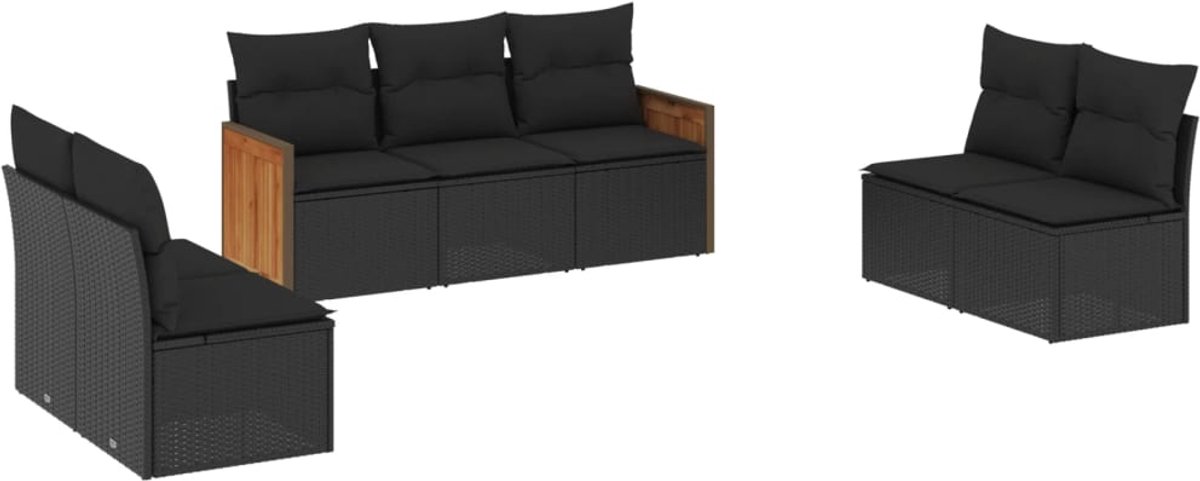 Zwarte poly rattan loungeset met kussens voor tuin en terras.