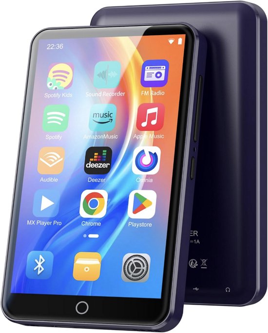 80 GB MP3-speler met wifi, bluetooth, 4 inch IPS touchscreen, muziekspeler voor kinderen, Android MP4-speler met Spotify, Audible, Deezer, Play Store Streaming Music Apps (Blue