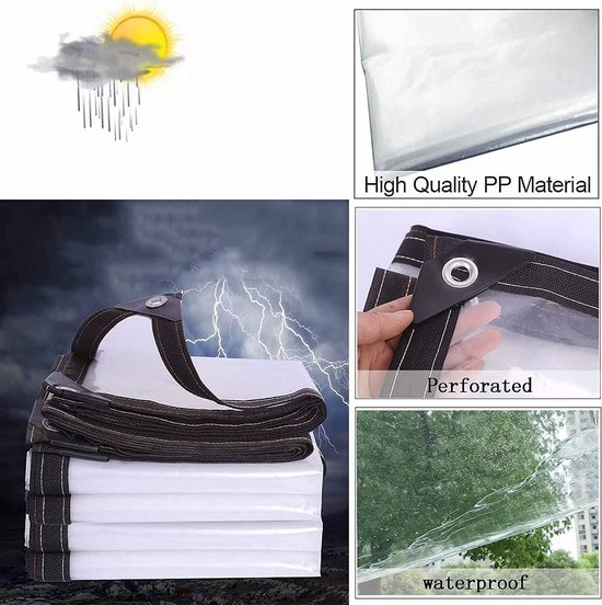 Bâche transparente pliée, avec des icônes de soleil, pluie et éclair, et des détails d'œillets et de matière imperméable.