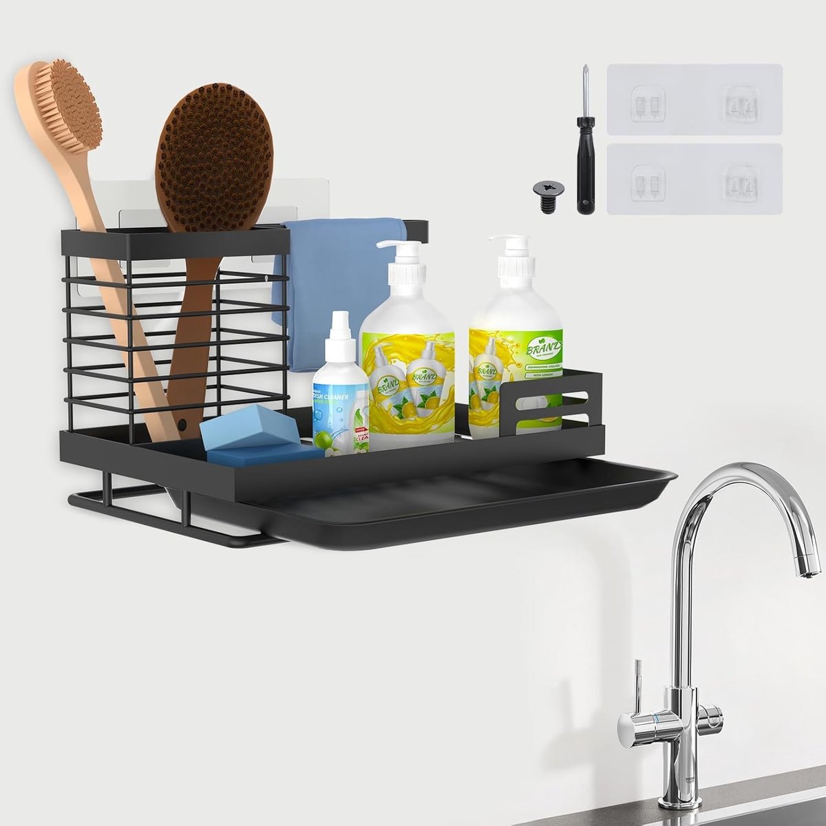 Zwarte Spoelbakorganizer met Afvoerbak en Kleefhaken voor Keuken en Badkamer