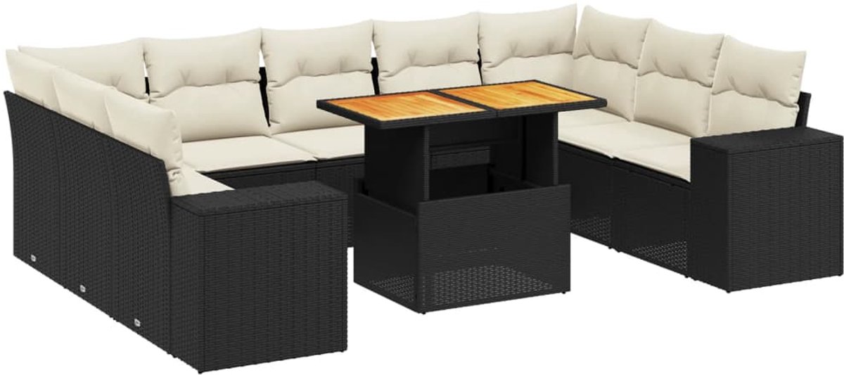 Zwarte poly rattan loungeset inclusief kussens voor buiten - Hoeksofa.