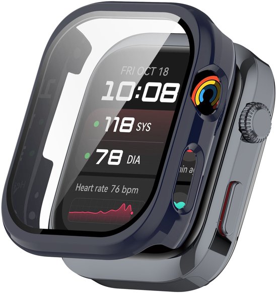 Donkerblauw hoesje met screenprotector om een smartwatch, die de tijd en gezondheidsgegevens toont. Gedetailleerde opname.