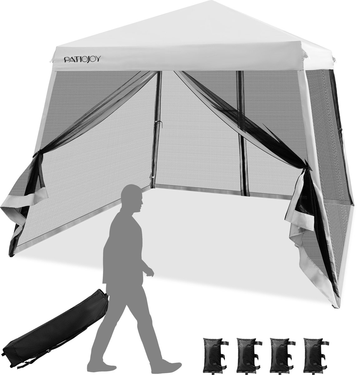 COSTWAY 3 x 3 m pop-up paviljoen met muggennet en zandzakken, opvouwbaar, uv-bescherming 50+, tuintent, partytent, stabiel, tuinpaviljoen voor tuin, incl. roltas (wit)