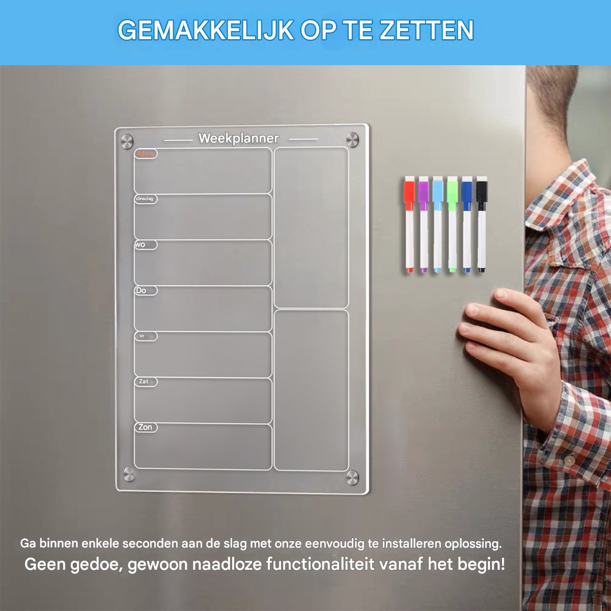 Acryl Magnetisch Menu Bord voor Keuken - Acryl Weekkalender voor Koelkast - Acryl Whiteboard voor Koelkast - met 6 Magnetische Uitwisbare Markers - 20x30cm — cadeau in Kookcadeaus - foto 3