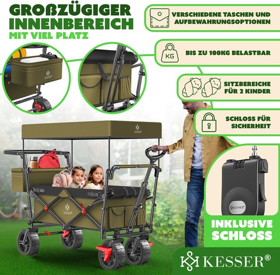 KESSER® Bolderkar opvouwbaar Bolderwagen GT9000 met dak Strandkar - incl. 2x 3-punts gordelsysteem - massief rubberen banden - tot 80 kg - rem voor en achter - + draagtas - Khaki van Merkloos — afbeelding 5