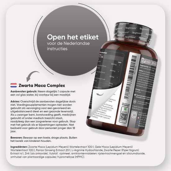 Pot 'WeightWorld Zwarte Maca Complex' en het open etiket met productinformatie en ingrediëntenlijst in het Nederlands.