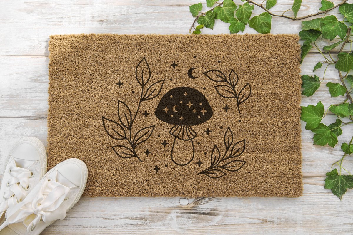 Laser Point Mushroom | 90x60 cm | Nieuwe huis cadeau | Ingangsmat | Deurmat met stijl | Verhuizing cadeau | Praktisch & trendy | Perfect voor binnenkomst | Cadeau voor nieuwe woning Bruin | Zwart (Gravering 90x60)