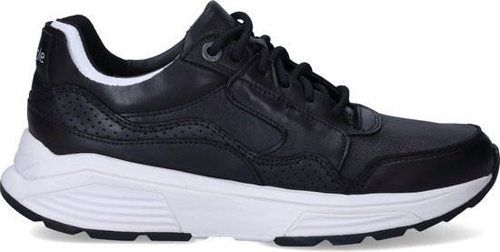 Chaussure à lacets noire en cuir pour femme avec semelle blanche et accents blancs sur le talon.