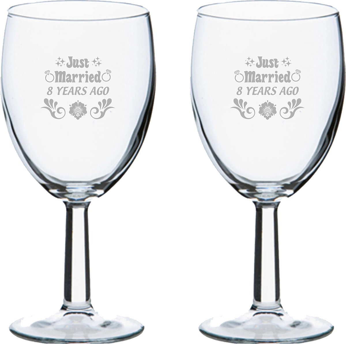 Gegraveerde set wijnglazen 24,5cl Just Married 8 years ago
