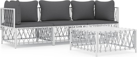 Buitenzonnig 4 st. Tuinmeubelset, balkonmeubel met zitkussens, tuinloungeset met tweezitsbank, 2 fauteuils, salontafel, voor terras en balkon, staal, grijs zwart