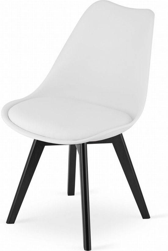 Chaise MARK - Wit, Pieds en bois de hêtre noir, assise en plastique avec coussin en simili cuir, Design élégant, ergonomique, adaptée à la Cuisine, à la salle à manger, à la cantine et à l'espace de travail, max. 120 kg