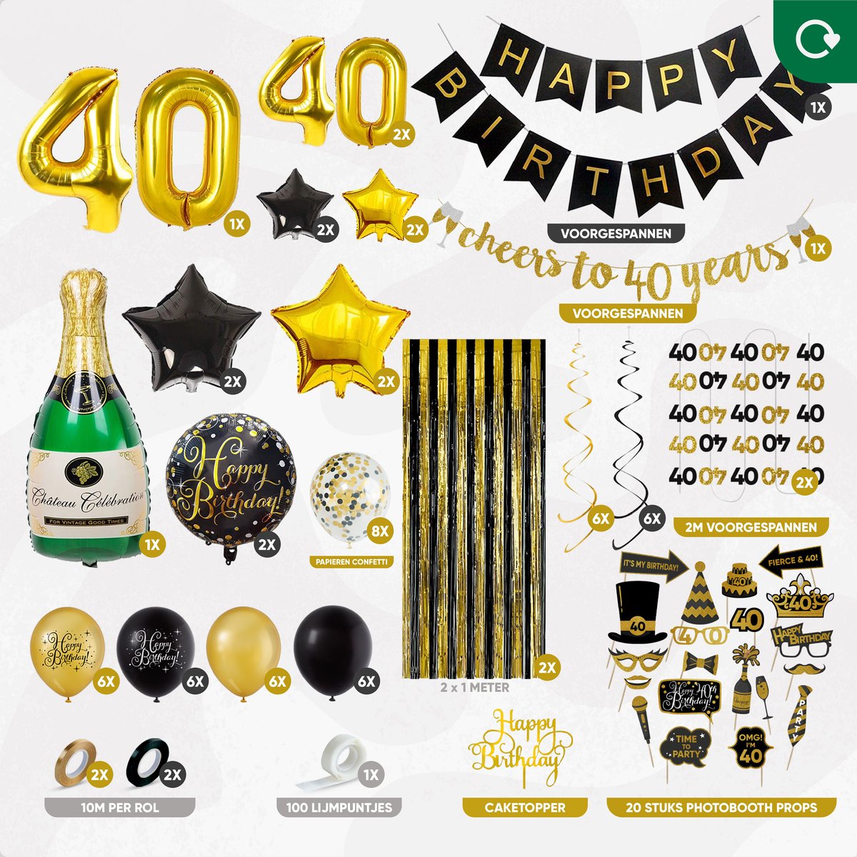 Fissaly 40 Jaar Verjaardag Decoratie Versiering - Ballonnen – Jubileum Man & Vrouw - Zwart en Goud — afbeelding 2