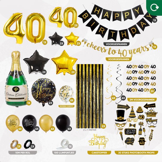 Fissaly 40 Jaar Verjaardag Decoratie Versiering - Ballonnen – Jubileum Man & Vrouw - Zwart en Goud