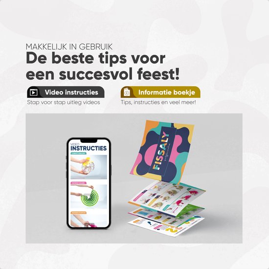 Un smartphone affichant des vidéos d'instructions à côté d'une pile de livrets d'information de décoration de fête Fissaly.