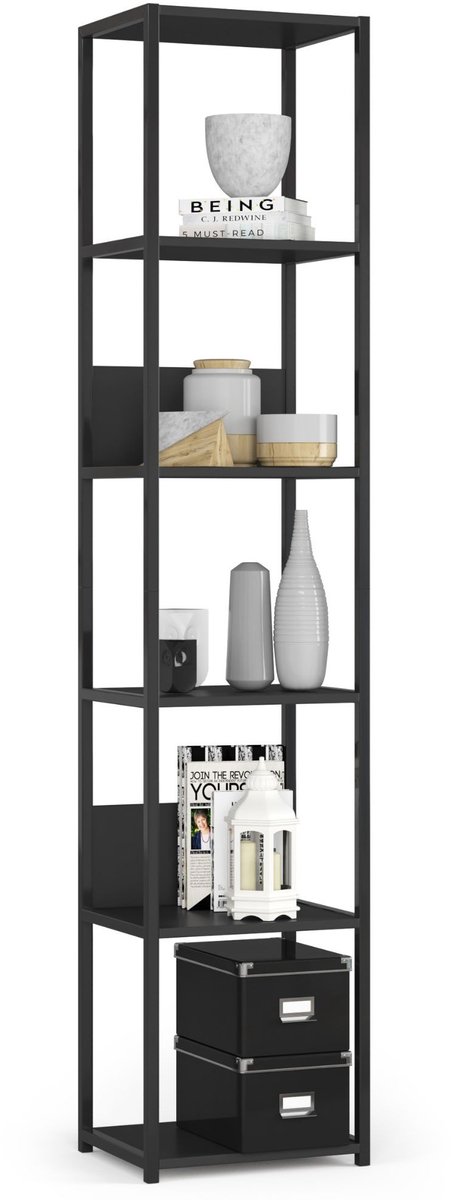 Open Boekenkast, Ladderkast, Industrieel Design / Vakkenkast met 6 Planken / Opbergplank / Boekenrek Opslagrek / Zwart / 40 x 192 x 32 cm