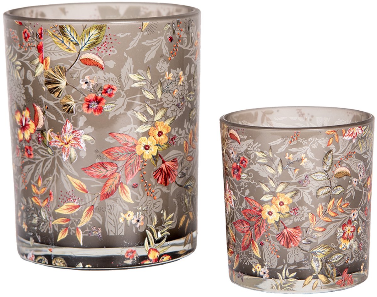 Theelichthouder Set van 2 Ø 7x8 / 10x13 cm Grijs Glas Bloemen