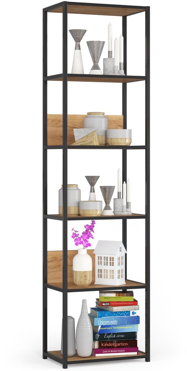 Open Boekenkast, Ladderkast, Industrieel Design / Vakkenkast met 6 Planken / Opbergplank / Boekenrek Opslagrek / Zwart - Craft Eik / 50 x 192 x 32 cm