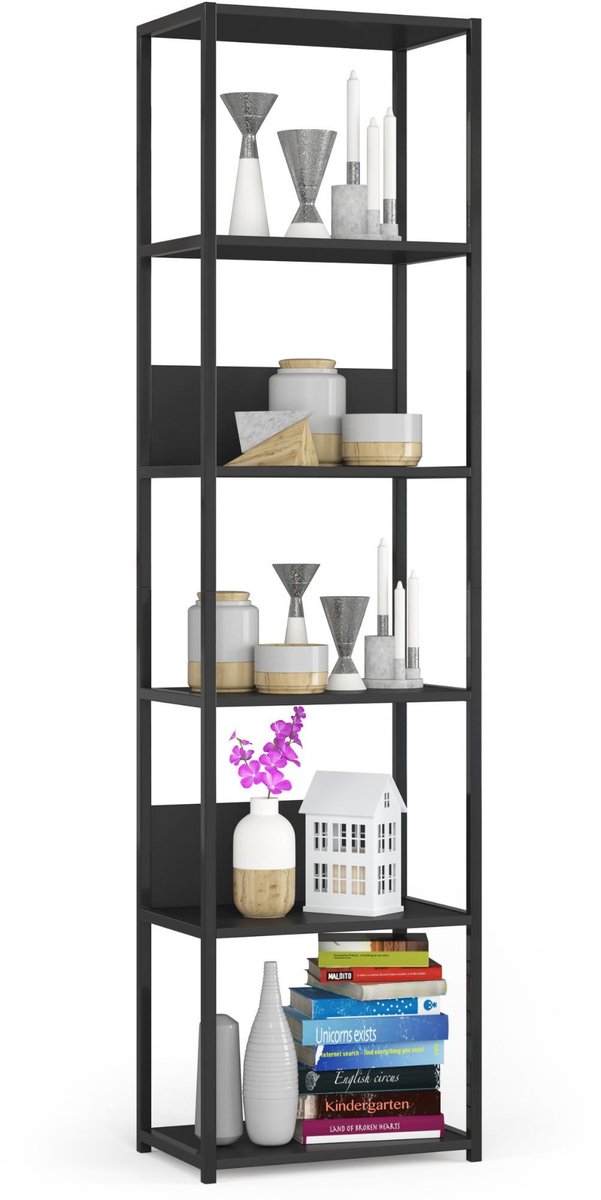 Open Boekenkast, Ladderkast, Industrieel Design / Vakkenkast met 6 Planken / Opbergplank / Boekenrek Opslagrek / Zwart / 50 x 192 x 32 cm