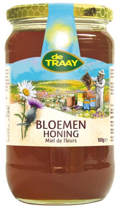 Pot vloeibare bloemenhoning van De Traay met een afbeelding van een imker en bloemenveld. 900g.