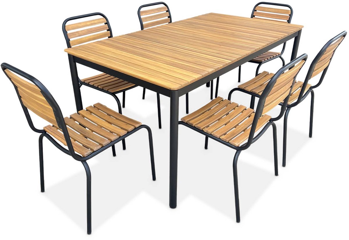 6 stoelen en tuintafel set van staal en acaciahout, merk sweeek.