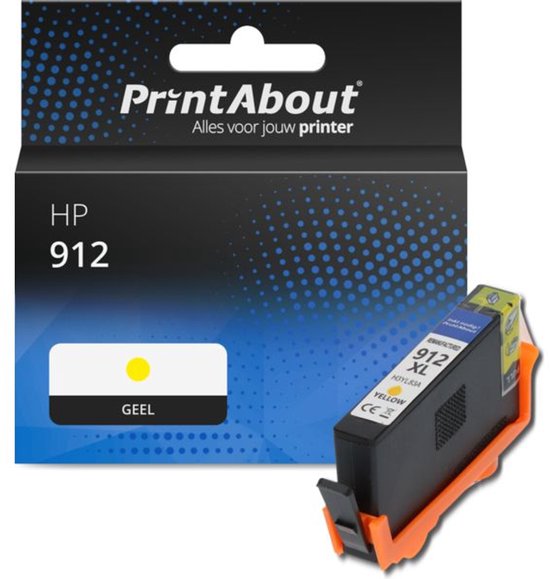 PrintAbout verpakking met HP 912 gele inktcartridge. Tekst: 'PrintAbout', 'Alles voor uw printer', 'HP 912', 'GEEL'.