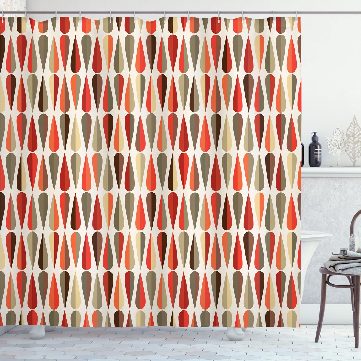 New Bed, Geometrisch Oranje Druppelprint 70's Retro Stijl Douchegordijn Badkamer Decor Set met Haakjes, 175 cm B 220 cm L