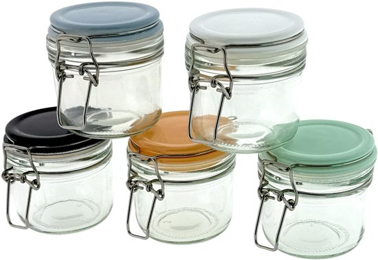 Foto: Weckpotjes inmaakpotten set van 5 stuks in 5 kleuren inhoud 200 ml 8 x 8 x 8 cm
