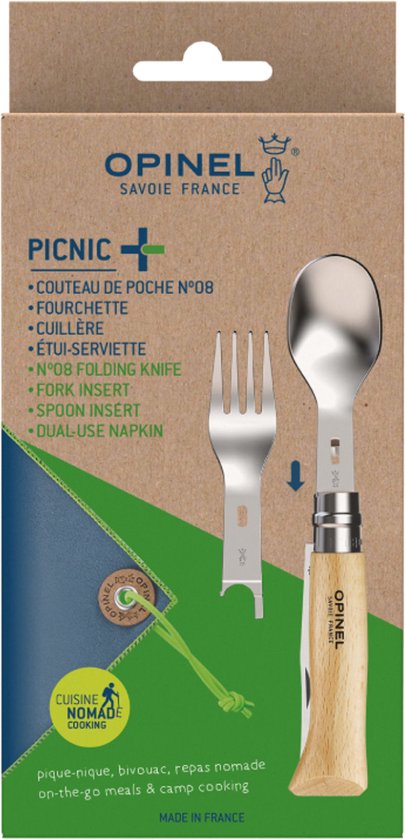 Couverts de voyage Opinel Picnic Plus - 4 pièces - inox/bois de hêtre - couteau de poche