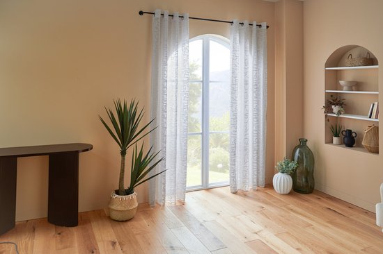 Rideau transparent Atmosphera Lazi 140x240cm - Rideaux prêts à poser avec crochets et anneaux - Wit