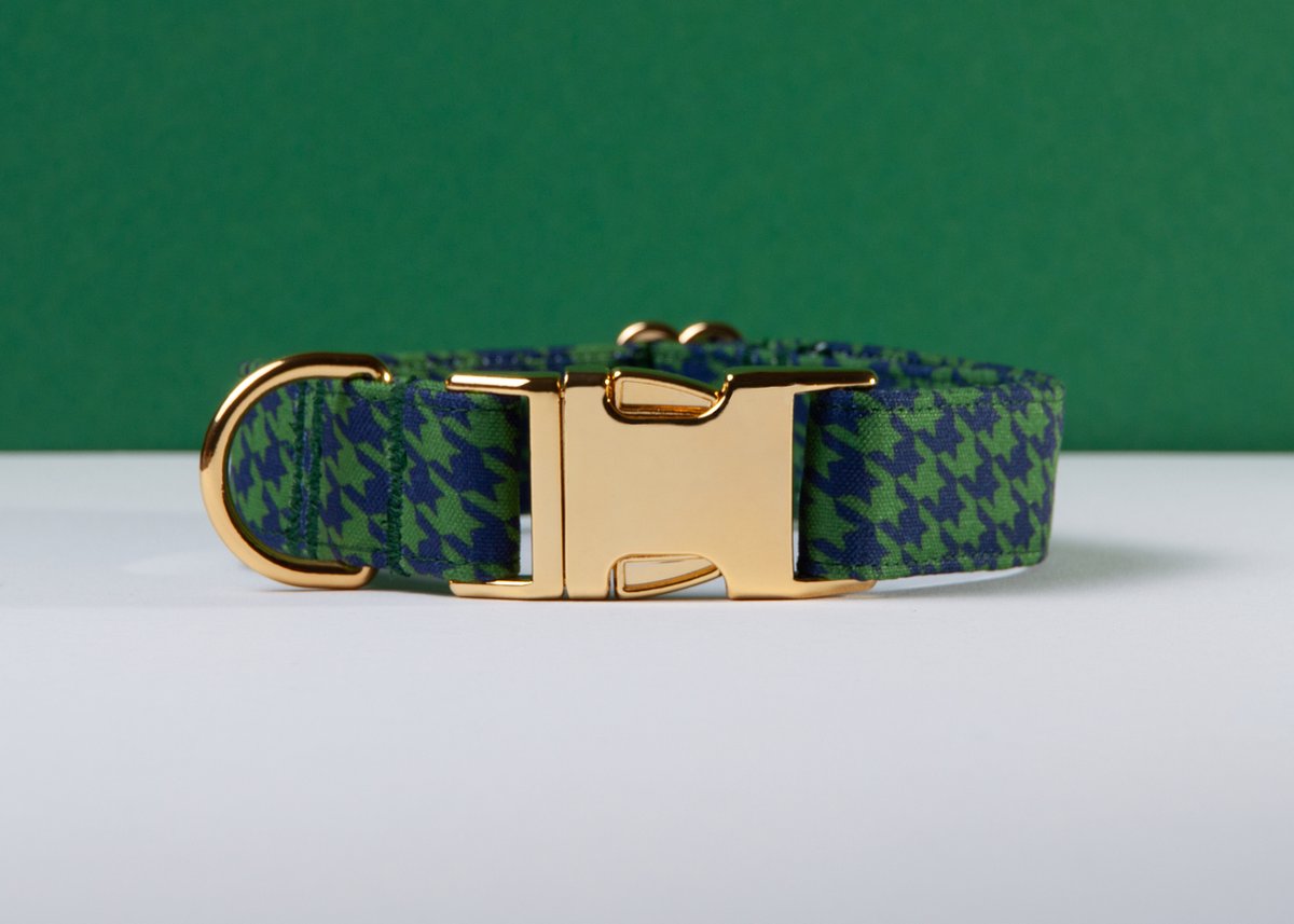 Halsband hond - Pied de poule honden halsband - Handgemaakt in Nederland - Groen blauw | Maat S