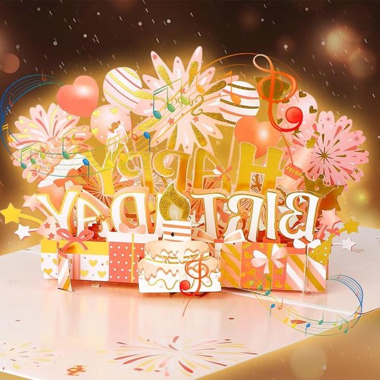 Verjaardagskaart grote 3D pop-up kaart - verjaardagskaarten lichten en muziek - Happy Birthday kaarten - jongens meisjes mannen vrouwen - echtgenote zus - roségoud