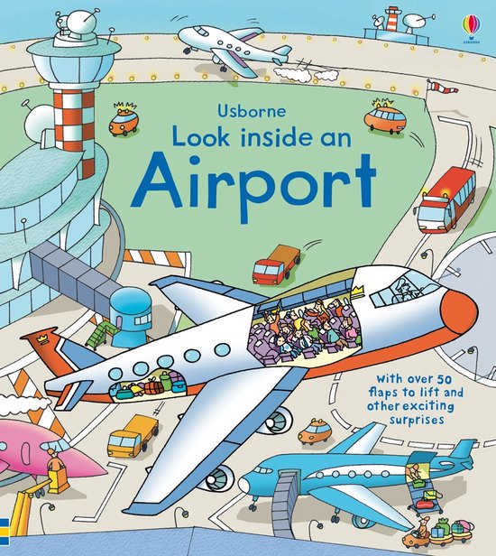 Boek "Look inside an Airport" met vliegtuigen, een verkeerstoren, auto's en koffers.