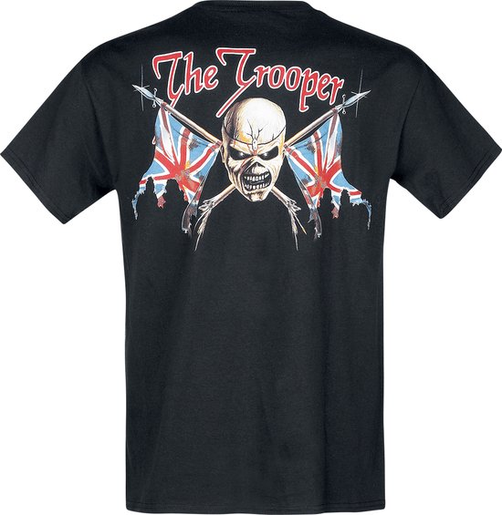 Zwarte t-shirt met op de achterkant 'The Trooper' en Eddie met twee Britse vlaggen.