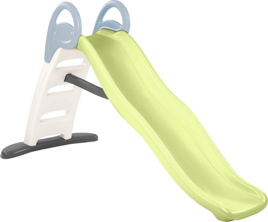 Een groene glijbaan met beige zijkanten en lichtblauwe handgrepen, geïsoleerd op een witte achtergrond.