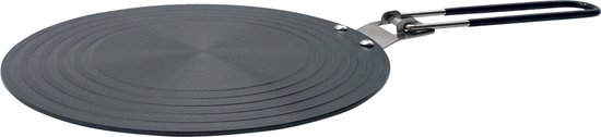 Grijze inductieplaat met een rond patroon en een inklapbaar handvat, staande op de zijkant.