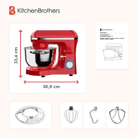 Rode KitchenBrothers keukenmachine van 33,4 cm hoog en 36,9 cm breed, met kom en 3 losse accessoires.