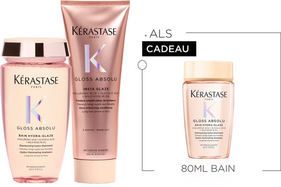 Kérastase Gloss Absolu Anti-Frizz Duo + Cadeau - Shampoo 250ml & Conditioner 250ml + Shampoo 80ml cadeau - Voor Lang Haar Gevoelig voor Pluis - Met Hyaluronzuur