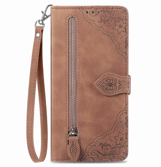 Telefoonhoesje geschikt voor Samsung Galaxy A36 5G / A56 5G - Portemonnee met rits - book-case hoesje - ruimte voor 7 pasjes - mandala bloemen bruin