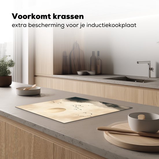 KitchenYeah® Protection plaque induction 60x52 cm - Paysage - Japandi - Oiseaux - Protege plaque de cuisson - Couvre plaque induction - Protecteur d'induction - Cuisine
