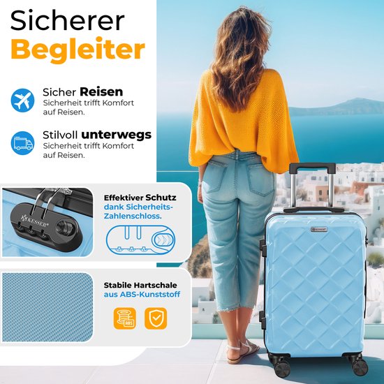 Vrouw met blauwe koffer en de tekst 'Sicherer Begleiter', 'Sicher Reisen', 'Stilvoll unterwegs'.