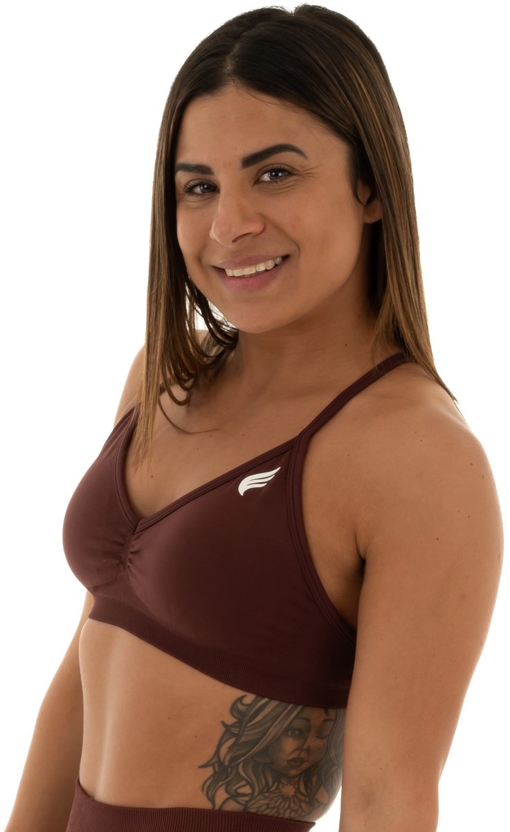 Dames sportbeha medium support – verstelbare bandjes met rugdetail – ademend & sneldrogend – sport bh geschikt voor yoga en fitness – DM Training Pulse Bra (bordeaux)