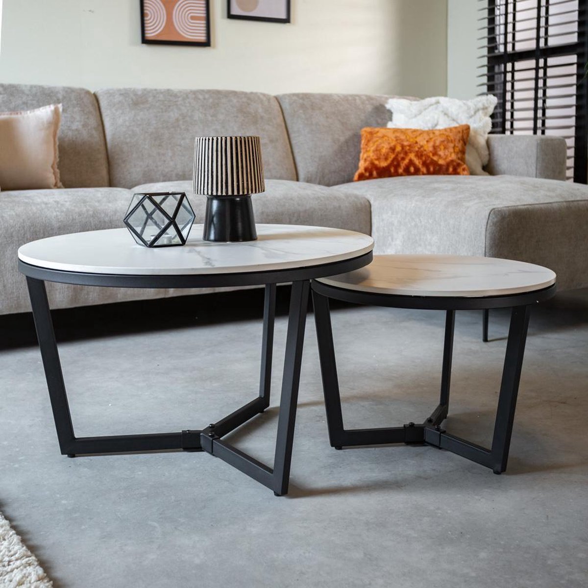 Dimehouse Salontafel Set van 2 Brady Rond Marmerlook Wit - 69 x 69 x 43 cm - Marmer - Modern - Rond