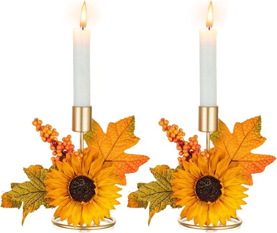 Foto: Kandelaars herfst decor 2 stuks gouden kandelaars zonnebloemen kunstmatige bladeren open haard koffie eettafel 