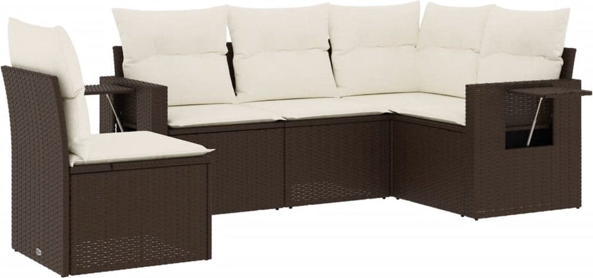 Bruine poly rattan loungeset met kussens voor tuinmeubilair - The Living Store